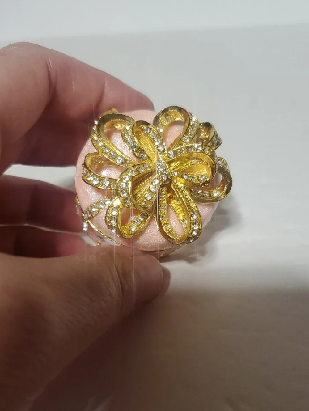 Pink Enamel Trinket Box with Gold Bow Accent
